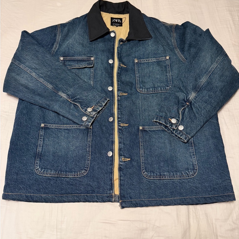 Zara Blue Denim Military Field Jacket with Black Collar